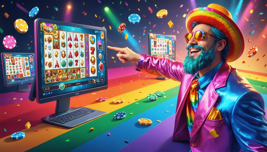 Illustration of a digital casino interface with rainbow colors, featuring diverse characters engaging with casino games, highlighting LGBTQ+ inclusivity and community.