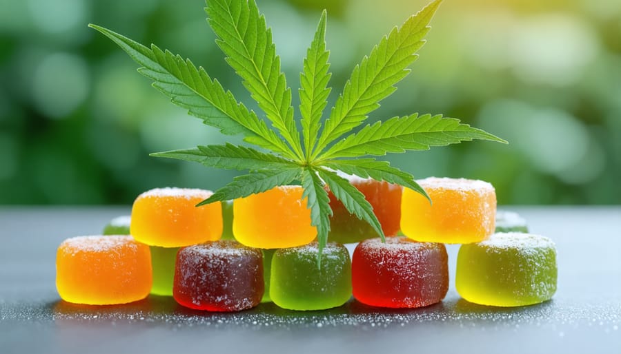 Assorted CBD gummies next to a cannabis plant leaf