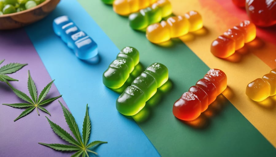 Assorted CBD gummies in rainbow colors symbolizing inclusivity and wellness within the LGBTQ+ community, set against a tranquil and calming background.