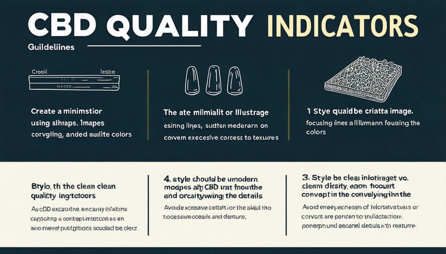 Visual guide showing key factors for identifying quality CBD products, including lab testing symbols and certification marks