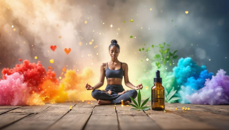 A person practicing mindfulness with a CBD oil bottle, surrounded by soothing rainbow-colored elements, reflecting the theme of LGBTQ+ wellness and holistic healing.