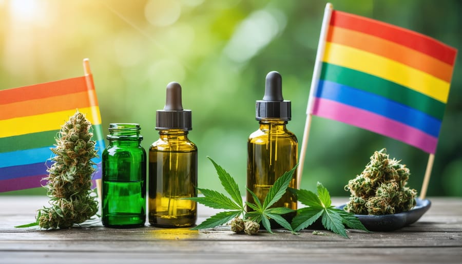 Selection of CBD oils, tinctures, and topicals arranged with small pride flags and inclusive symbols