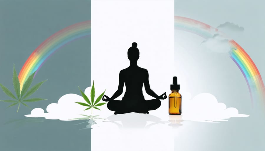 Person practicing mindfulness with CBD oil bottle, surrounded by calming rainbow-colored elements